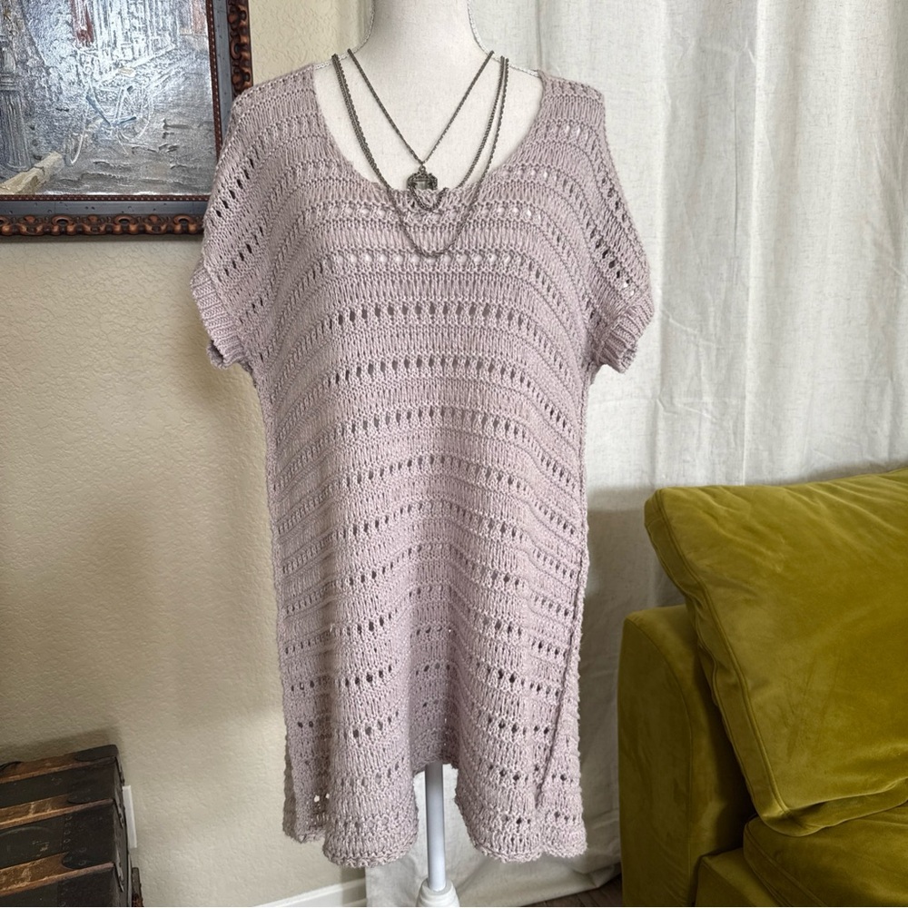 Free People Lavender‎ Open Knit Short Sleeve Tunic Sweater Silk Linen Sz S